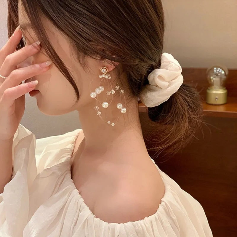Korean Elegant Fish Line Pearl Beads Tassel Drop Earrings For Women