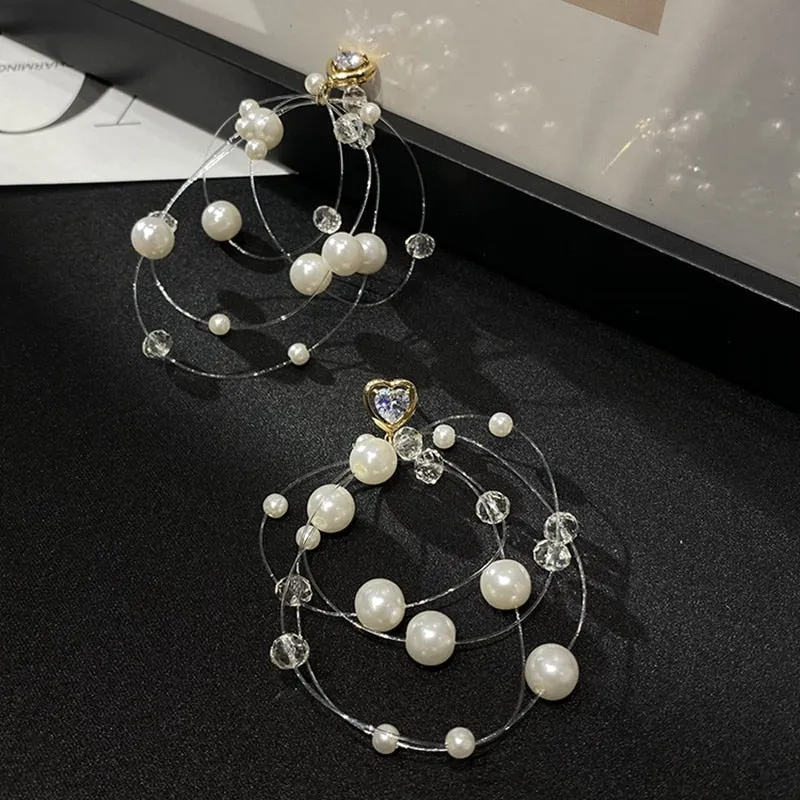 Korean Elegant Fish Line Pearl Beads Tassel Drop Earrings For Women