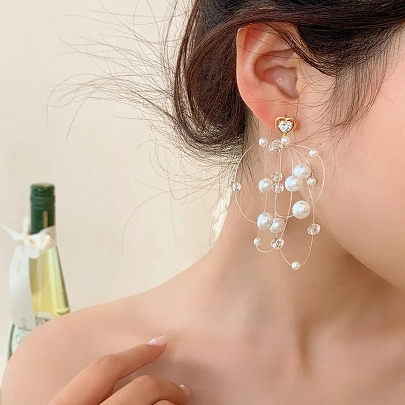 Korean Elegant Fish Line Pearl Beads Tassel Drop Earrings For Women