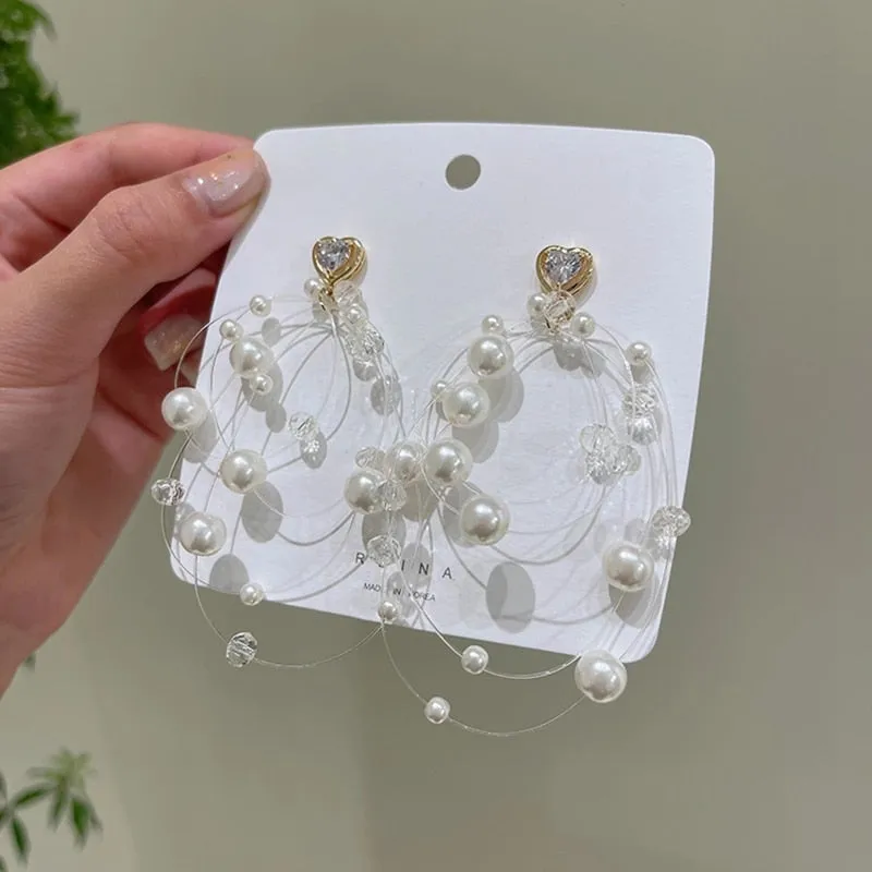 Korean Elegant Fish Line Pearl Beads Tassel Drop Earrings For Women