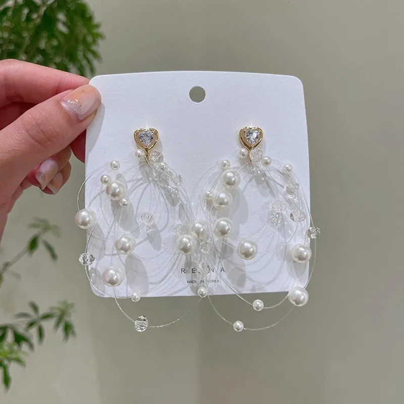 Korean Elegant Fish Line Pearl Beads Tassel Drop Earrings For Women