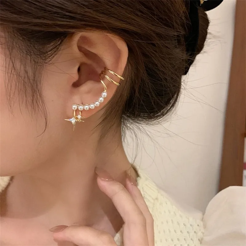 Korean Elegant Pearl Beads Clip Earrings Women