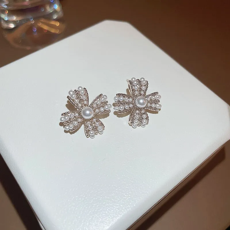 Korean Elegant Pearl Beads Flower Stud Earrings For Women