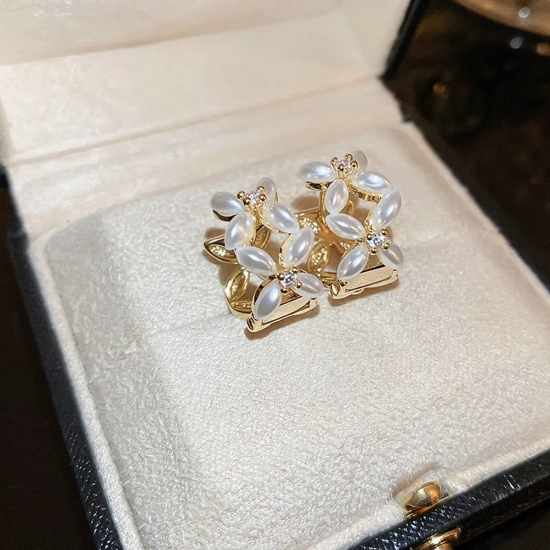 Korean Elegant Pearl Flower Hoop Earrings For Women