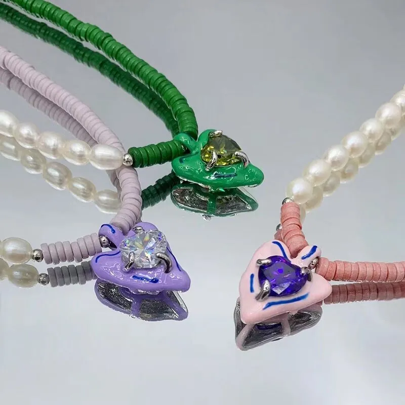 Korean Fashion Colorful Enamel Heart Pendant Necklace For Women