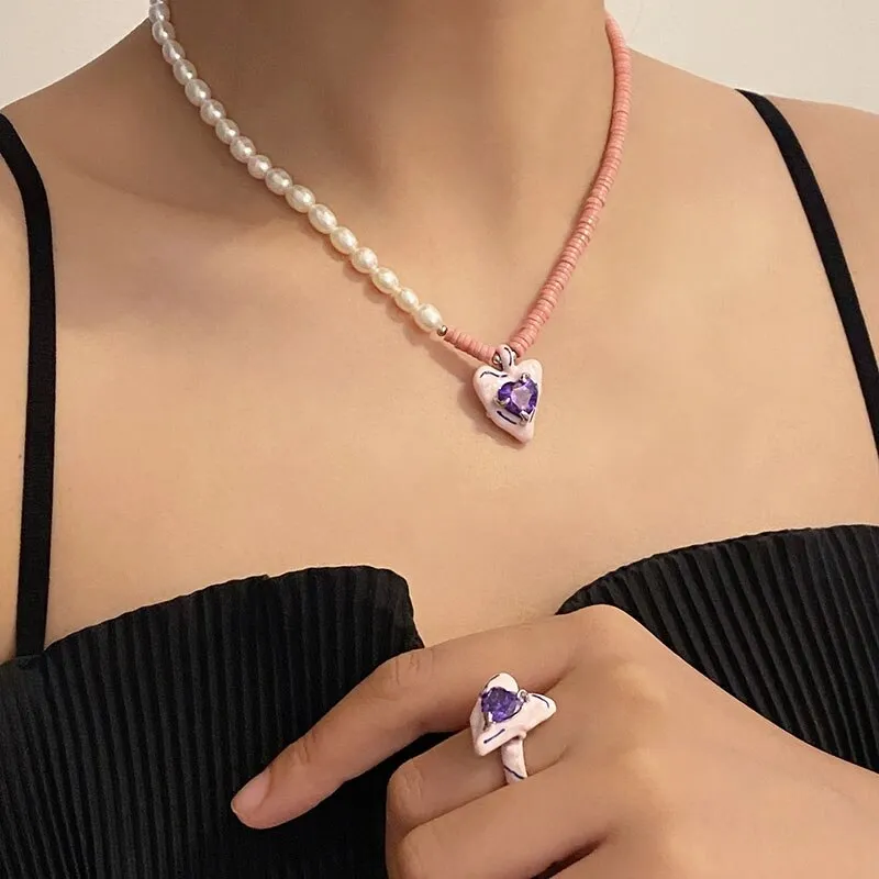 Korean Fashion Colorful Enamel Heart Pendant Necklace For Women