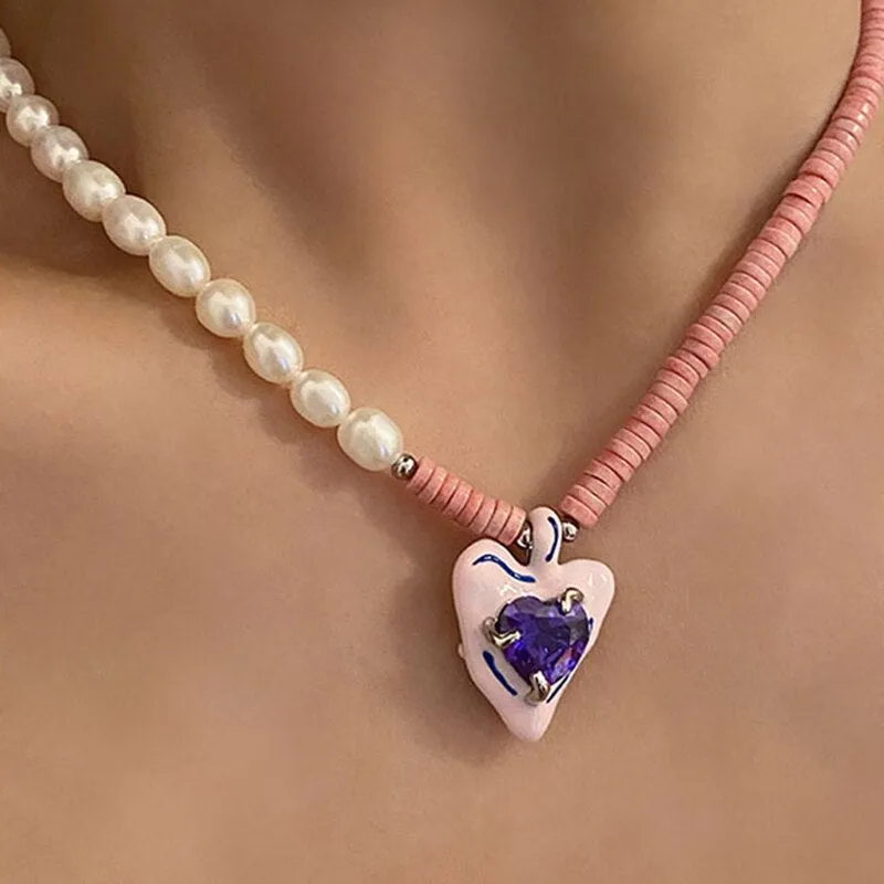 Korean Fashion Colorful Enamel Heart Pendant Necklace For Women