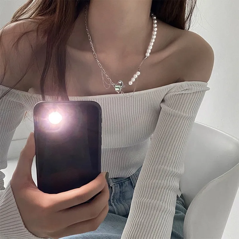 Korean Fashion Green Crystal Heart Link Chain NecklaceFor Women