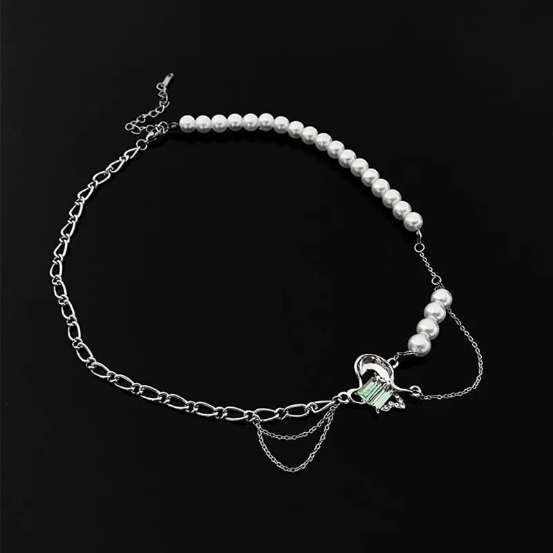 Korean Fashion Green Crystal Heart Link Chain NecklaceFor Women