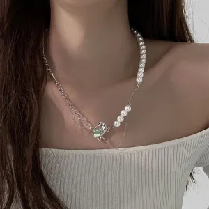 Korean Fashion Green Crystal Heart Link Chain NecklaceFor Women