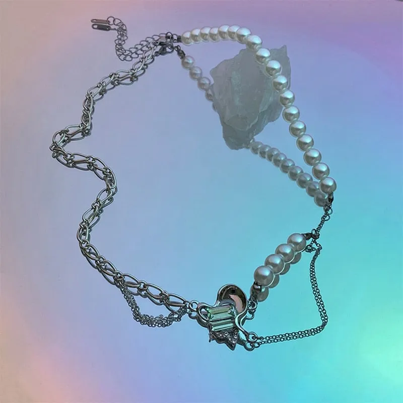 Korean Fashion Green Crystal Heart Link Chain NecklaceFor Women