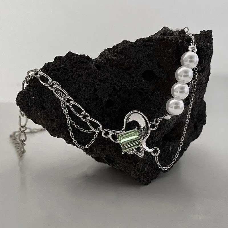 Korean Fashion Green Crystal Heart Link Chain NecklaceFor Women