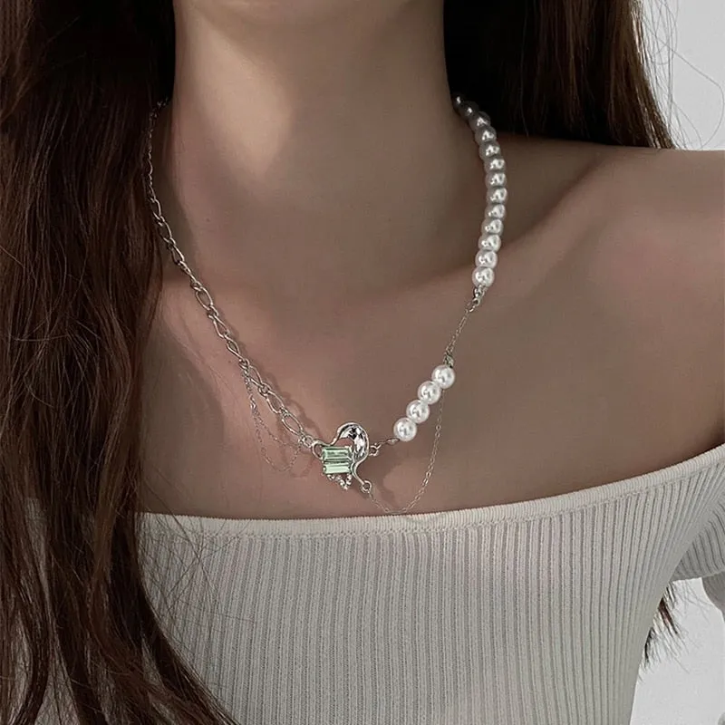 Korean Fashion Green Crystal Heart Link Chain NecklaceFor Women
