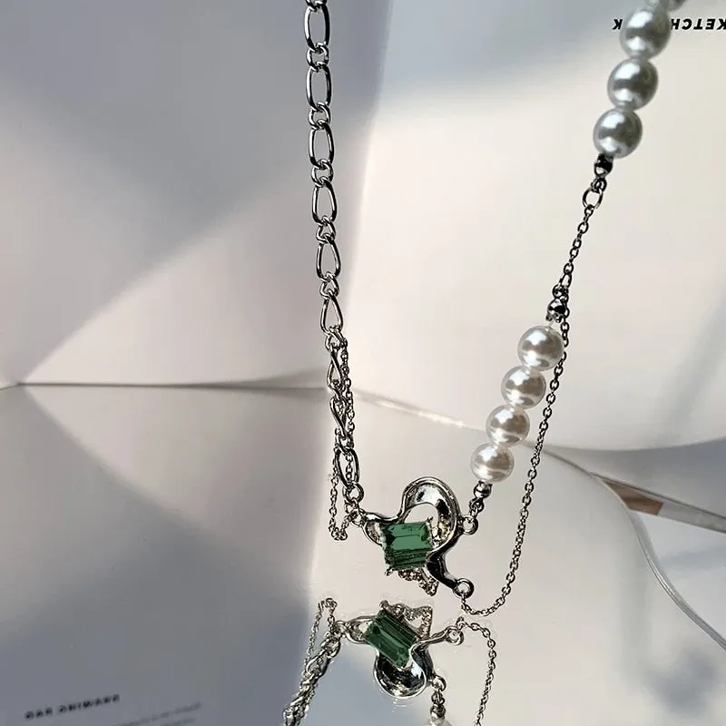 Korean Fashion Green Crystal Heart Link Chain NecklaceFor Women