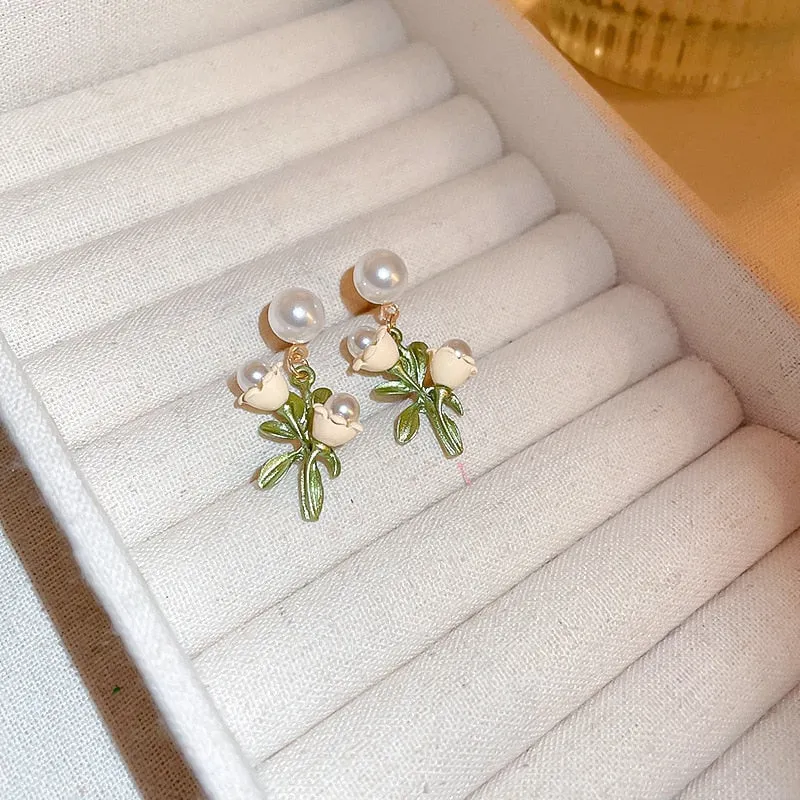 Korean Fashion Ins Flower Leaf Pearl Drop Earrings For Women
