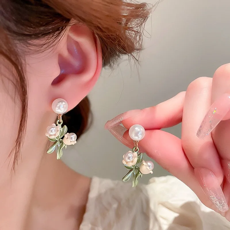 Korean Fashion Ins Flower Leaf Pearl Drop Earrings For Women