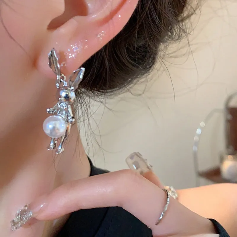Korean Fashion Rabbit Pearl Drop Earrings For Women