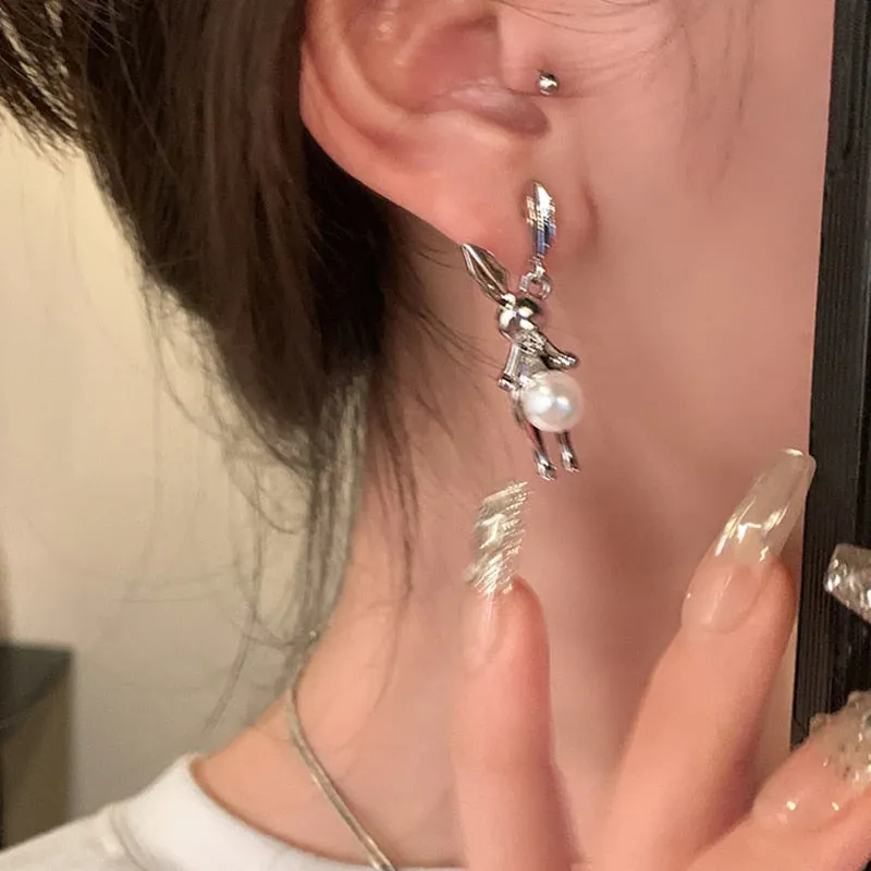 Korean Fashion Rabbit Pearl Drop Earrings For Women