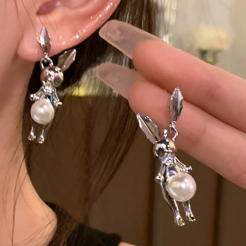 Korean Fashion Rabbit Pearl Drop Earrings For Women