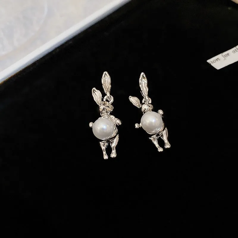 Korean Fashion Rabbit Pearl Drop Earrings For Women