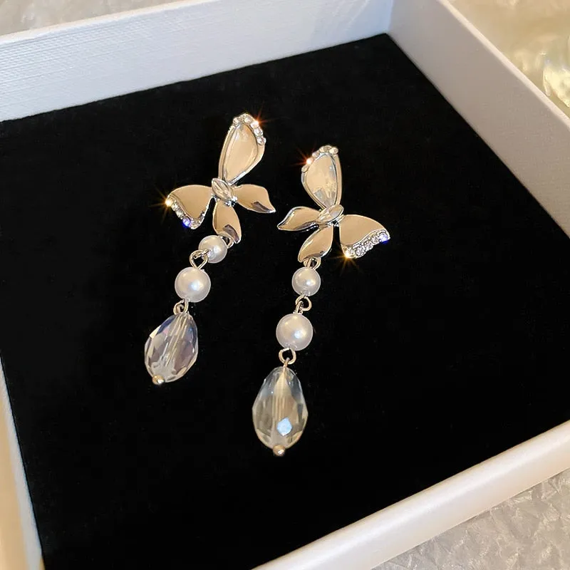 Korean Fashion Rhinestone Butterfly Pearl Drop Earrings For Women