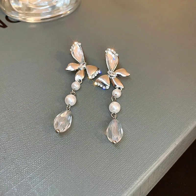 Korean Fashion Rhinestone Butterfly Pearl Drop Earrings For Women