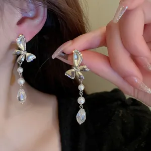 Korean Fashion Rhinestone Butterfly Pearl Drop Earrings For Women