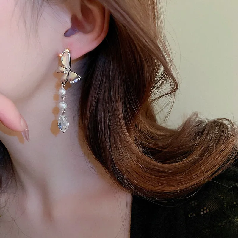 Korean Fashion Rhinestone Butterfly Pearl Drop Earrings For Women