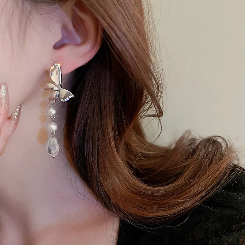 Korean Fashion Rhinestone Butterfly Pearl Drop Earrings For Women