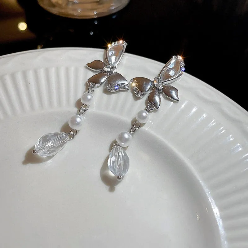 Korean Fashion Rhinestone Butterfly Pearl Drop Earrings For Women