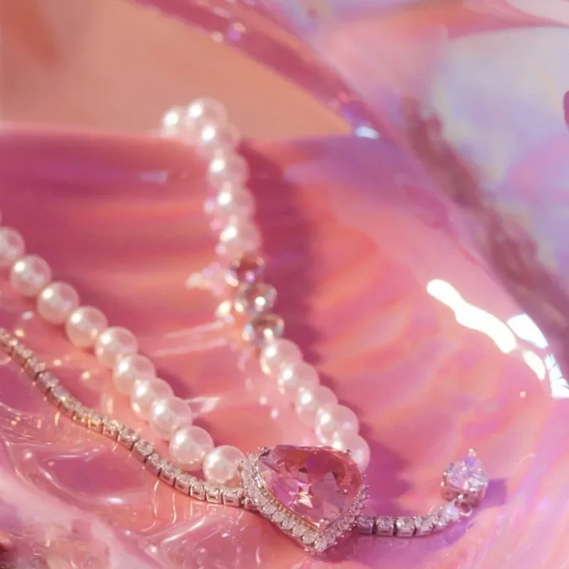 Korean Luxury Pink Heart Crystal Pendant Necklace For Women