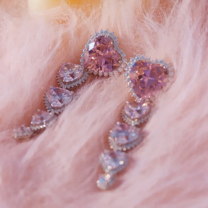 Korean Luxury Pink Heart Crystal Pendant Necklace For Women