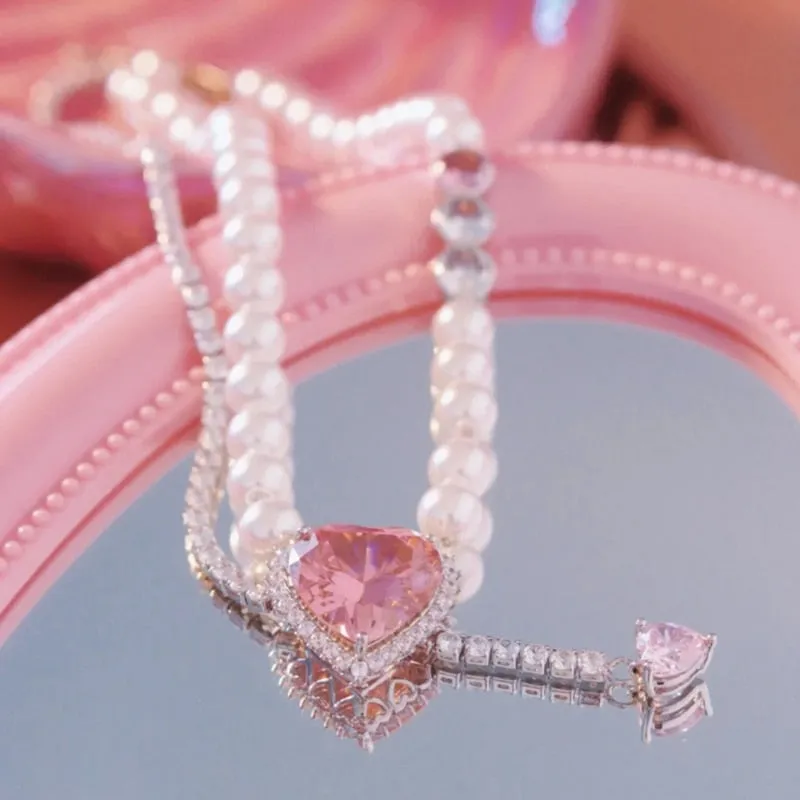 Korean Luxury Pink Heart Crystal Pendant Necklace For Women