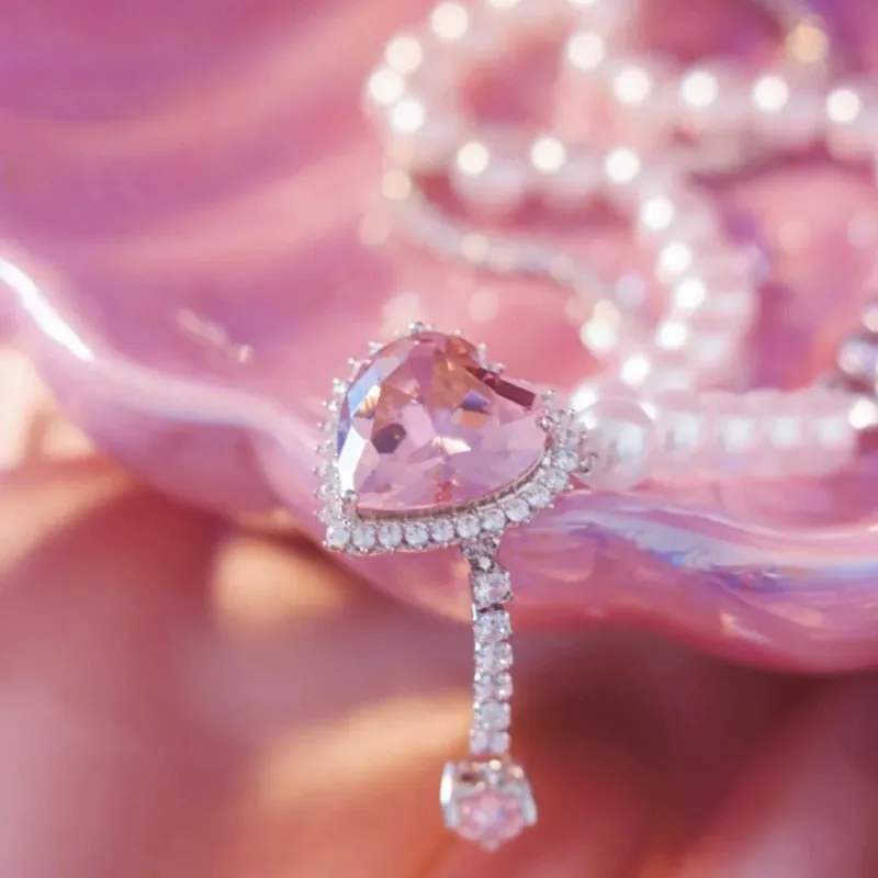 Korean Luxury Pink Heart Crystal Pendant Necklace For Women