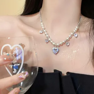 Korean Luxury White Heart Crystal Pendant Necklace For Women