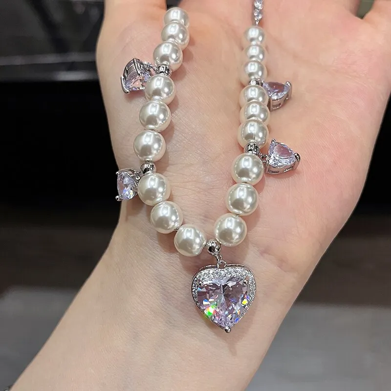 Korean Luxury White Heart Crystal Pendant Necklace For Women