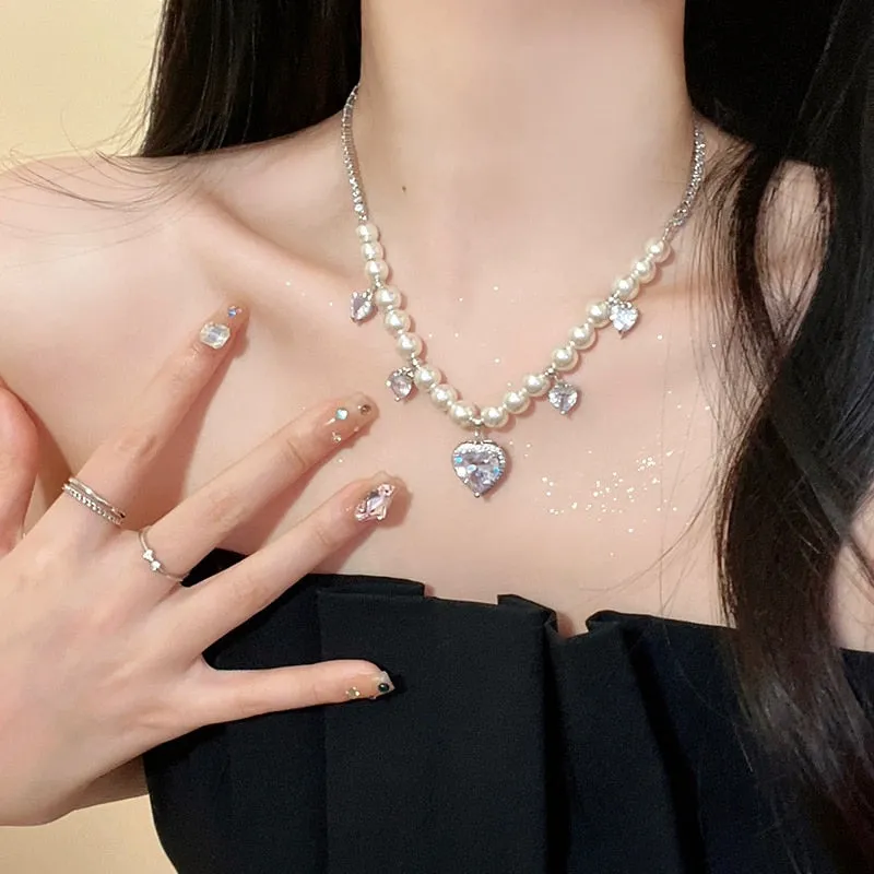 Korean Luxury White Heart Crystal Pendant Necklace For Women