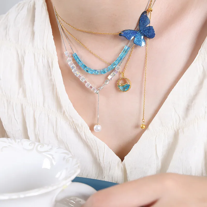 Korean Minimalist Tassel Chain Necklace Set with Blue Pendant - Titanium Steel Gold-Plated Jewelry