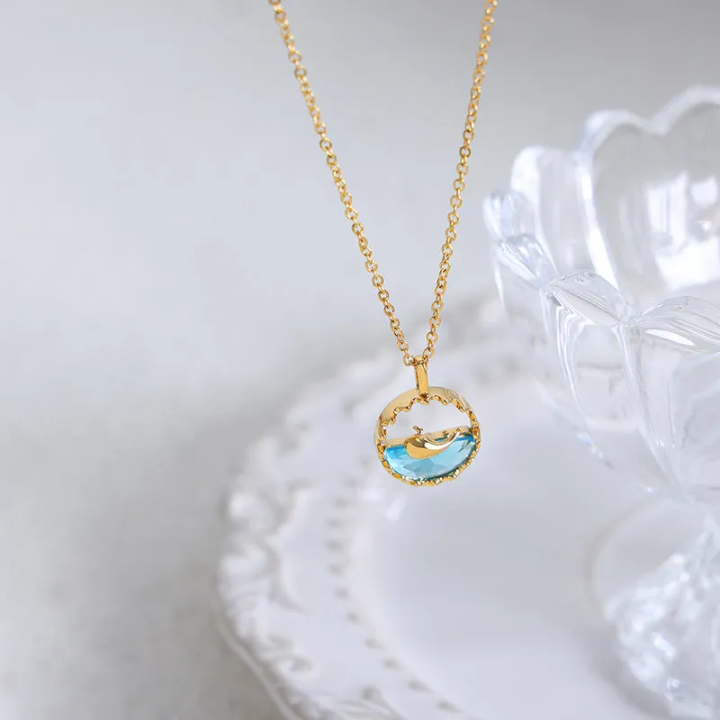 Korean Minimalist Tassel Chain Necklace Set with Blue Pendant - Titanium Steel Gold-Plated Jewelry