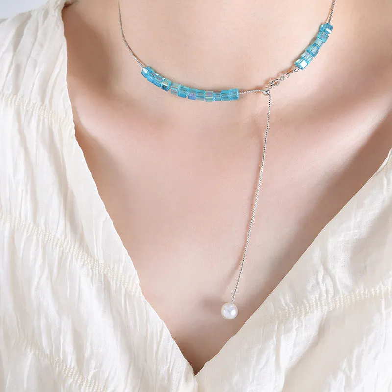 Korean Minimalist Tassel Chain Necklace Set with Blue Pendant - Titanium Steel Gold-Plated Jewelry