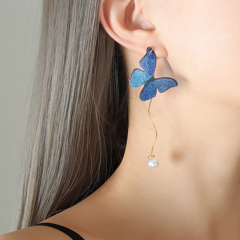 Korean Minimalist Tassel Chain Necklace Set with Blue Pendant - Titanium Steel Gold-Plated Jewelry