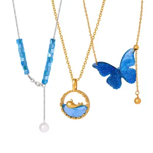 Korean Minimalist Tassel Chain Necklace Set with Blue Pendant - Titanium Steel Gold-Plated Jewelry