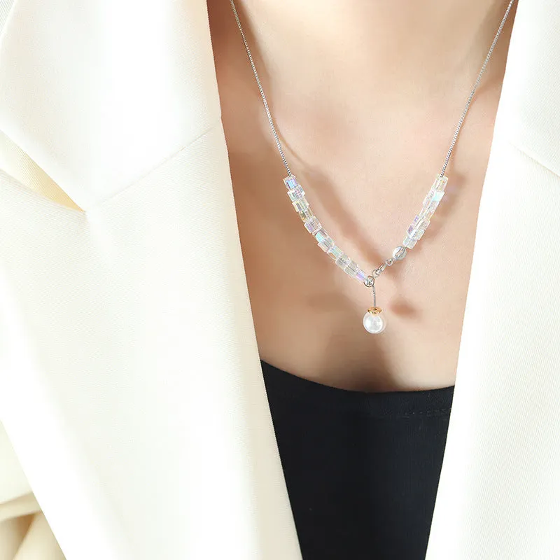 Korean Minimalist Tassel Chain Necklace Set with Blue Pendant - Titanium Steel Gold-Plated Jewelry