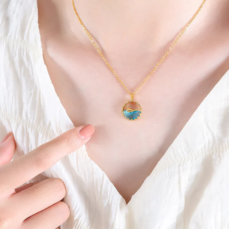 Korean Minimalist Tassel Chain Necklace Set with Blue Pendant - Titanium Steel Gold-Plated Jewelry