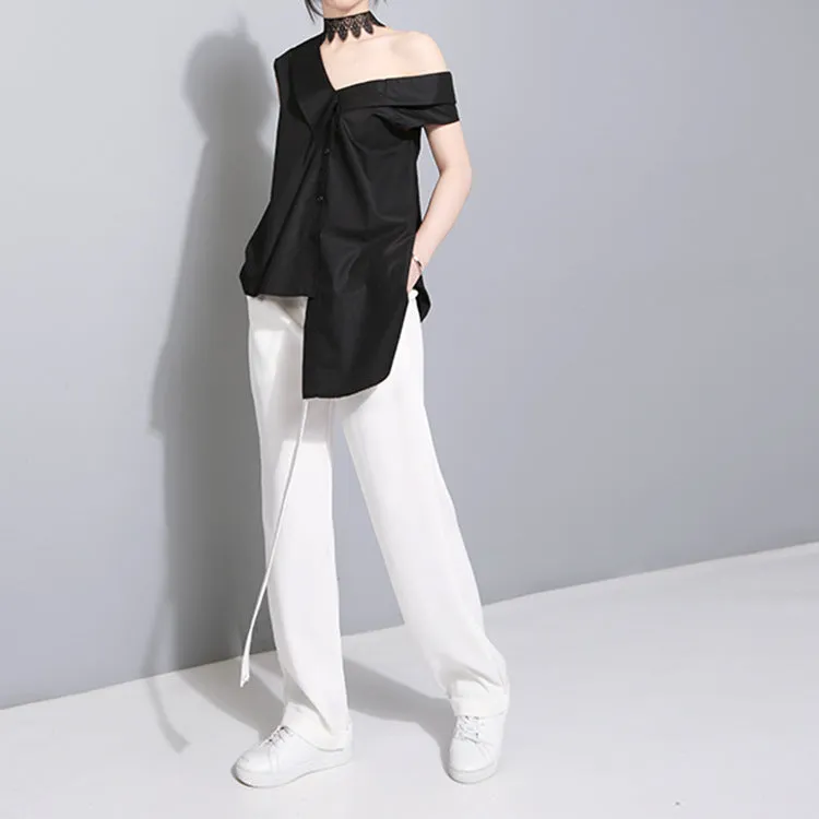 Korean niche design asymmetric slanted strap big bow irregular hem sleeveless blouse long shirt