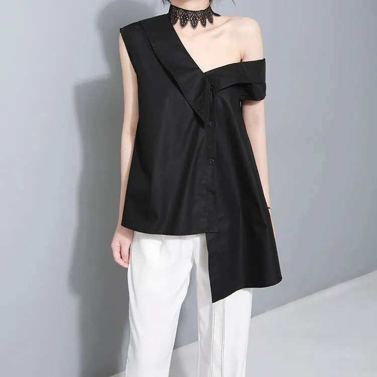 Korean niche design asymmetric slanted strap big bow irregular hem sleeveless blouse long shirt