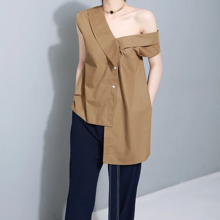Korean niche design asymmetric slanted strap big bow irregular hem sleeveless blouse long shirt