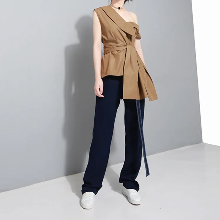 Korean niche design asymmetric slanted strap big bow irregular hem sleeveless blouse long shirt