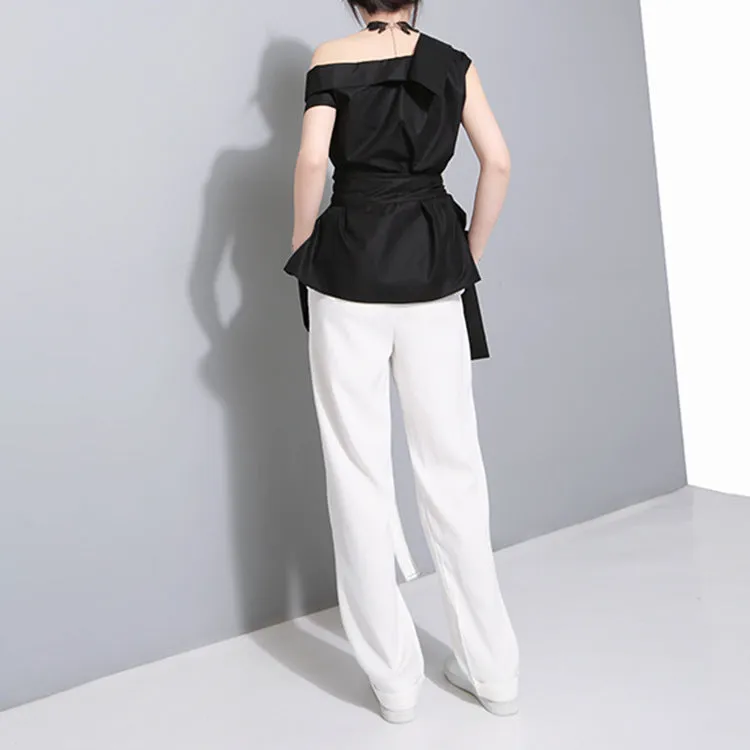 Korean niche design asymmetric slanted strap big bow irregular hem sleeveless blouse long shirt