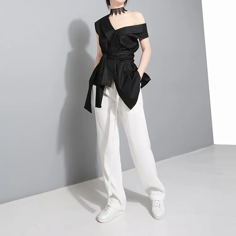 Korean niche design asymmetric slanted strap big bow irregular hem sleeveless blouse long shirt